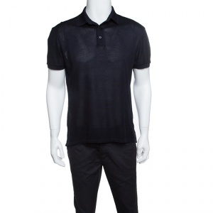 Pre Owned Ermenegildo Zegna Navy Blue Perforated Silk Knit Short Sleeve Polo T-Shirt M