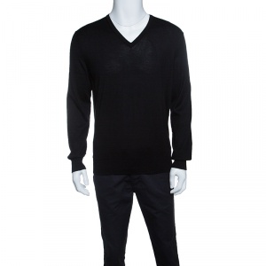 Ermenegildo Zegna Cashseta Light Black Ribbed Trim V-Neck Sweater L