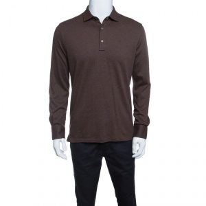 Pre Owned Ermenegildo Zegna Brown Cotton Knit Long Sleeve Polo Shirt M