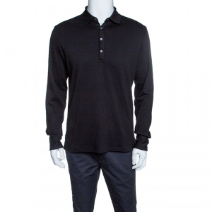 Pre Owned Ermenegildo Zegna Black Cotton Jersey Suede Trim Long Sleeve Polo T-Shirt M