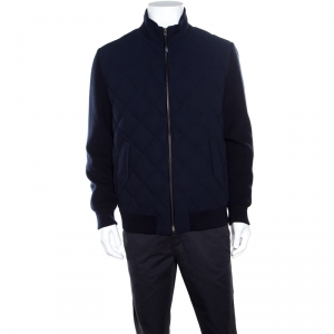 Pre Owned Ermenegildo Zegna Navy Blue Leather Trim Detail Quilted Wool Trofeo Down Jacket XXL