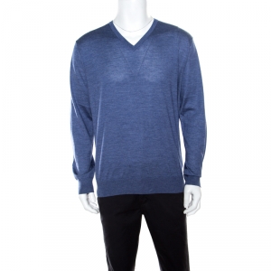 Pre Owned Ermenegildo Zegna Blue Cashmere and Silk Knit Long Sleeve V Neck Sweater L