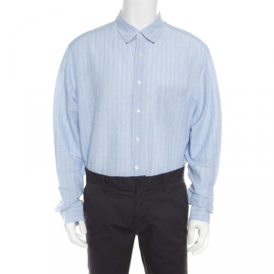 Pre Owned Ermenegildo Zegna Light Blue Striped Cotton Linen Button Down Shirt 3XL