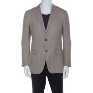Pre Owned Ermenegildo Zegna Beige Cashmere and Linen Blend Elbow Patch Detail Blazer M