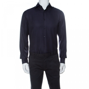 Pre Owned Ermenegildo Zegna Navy Blue Woven Cotton Slim Fit Shirt M