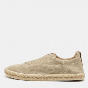 Ermenegildo Zegna Beige Canvas and Leather Triple Stitch Slip On Sneakers Size 45.5