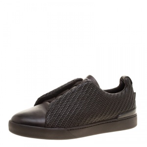 Pre Owned Ermenegildo Zegna Couture Dark Brown Woven Leather Pelle Tessuta Triple Stitch Slip On Sneakers Size 41