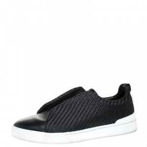 Pre Owned Ermenegildo Zegna Couture Black Woven Leather Pelle Tessuta Triple Stitch Slip On Sneakers Size 44