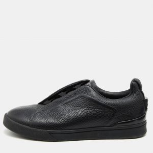 Ermenegildo Zegna Black Leather Triple Stitch Slip On Sneakers Size 43