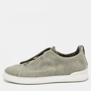 Pre Owned Ermenegildo Zegna Olive Green Denim Triple Stitch Low Top Sneakers Size 42.5