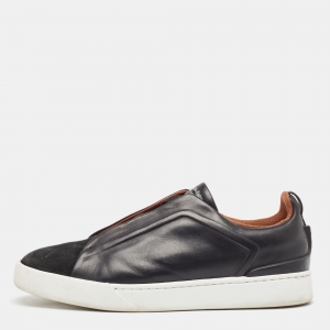 Ermenegildo Zegna Black Leather Triple Stitch Low Top Sneakers Size 42.5