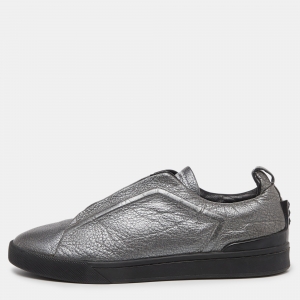 Ermenegildo Zegna Metallic Grey Leather Triple Stitch Sneakers Size 43