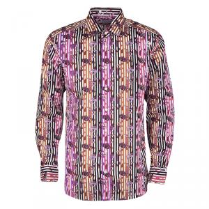 Pre Owned Etro Multicolor Fish and Stripe Printed Cotton Long Sleeve Button Front Shirt L