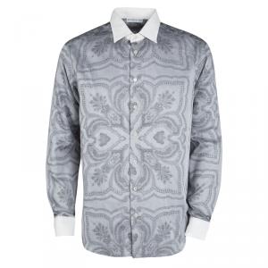 Etro Grey Printed Contrast Collar and Cuff Detail Long Sleeve Shirt  L