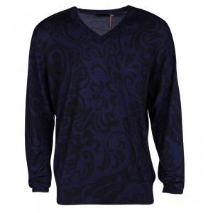 Etro Navy Blue Contrast Print V-Neck Sweater XXL