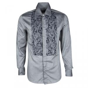 Pre Owned Etro Grey Cotton Printed Pintucked Yoke Detail Long Sleeve Tuxedo Shirt M
