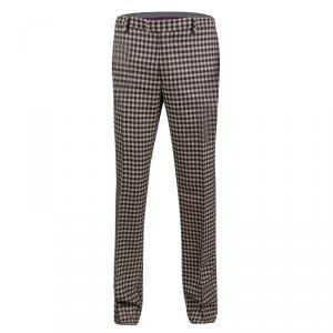 Pre Owned Etro Beige and Brown Wool Gingham Plaid Regular Fit Mexico Trousers L