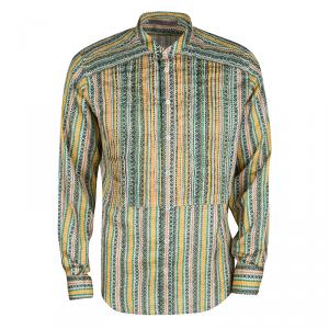Pre Owned Etro Multicolor Striped Printed Cotton Pintuck Detail Mandarin Collar Shirt L