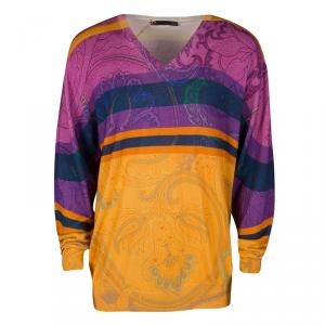 Etro Multicolor Printed and Striped V-Neck Cotton Sweater XXL