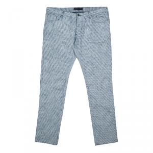 Etro Indigo and White Striped and Printed Denim Straight Fit Jeans XXL