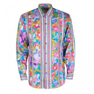 Pre Owned Etro Floral Printed Striped Detail Cotton Long Sleeve Button Front Roxy Shirt L