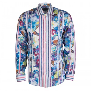 Pre Owned Etro Floral Printed and Striped Cotton Long Sleeve Button Front Roxy Shirt L