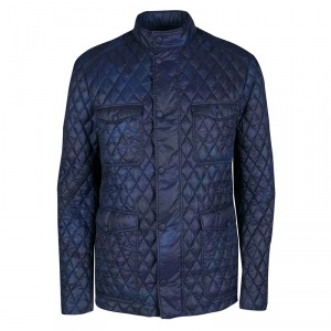 Pre Owned Etro Navy Blue and Black Paisley Print Diamond Quilted Jacket XL