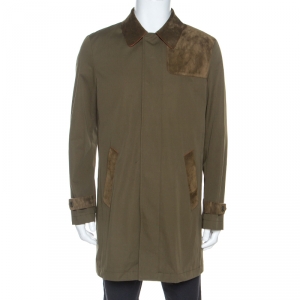 Etro Military Green Cotton Leather Collared Trench Coat L 