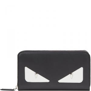 Fendi Black Leather Bag Bugs Eyes Zip-Around Wallet