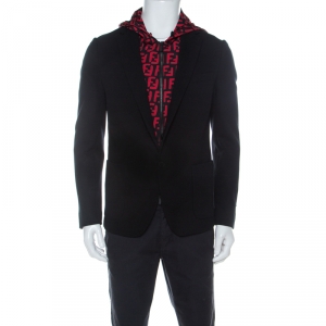 Fendi Black and Red Stretch Jersey Zucca Printed Hooded Blazer L