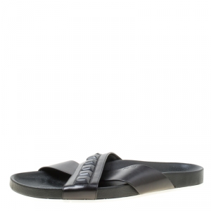 Fendi Black Leather Cross Strap Slipper Sandals Size 43