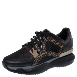 Fendi Black/Brown Zucca Monogram Leather, Mesh, Patent Leather Chunky Sneakers Size 45
