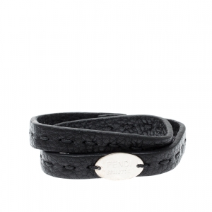 Fendi Selleria Black Leather Silver Tone Double Wrap Bracelet
