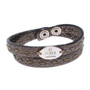Fendi Selleria Metallic Leather Silver Tone Double Wrap Bracelet