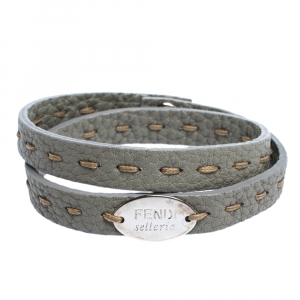 Fendi Selleria Grey Leather Silver Tone Double Wrap Bracelet