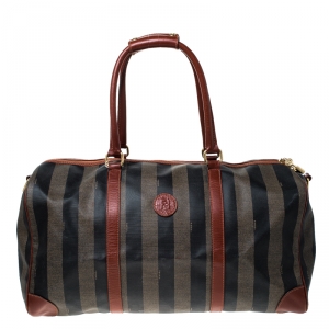  Fendi Brown/Black Pequin Stripe Coated Canvas and Leather Boston Duffle Bag