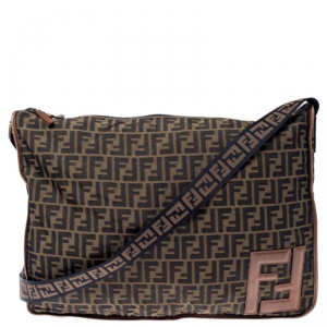 Pre Owned Fendi Brown Zucca Canvas Zip Messenger Bag