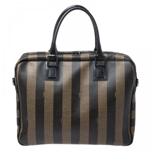 Fendi Khaki/Black Pequin Stripe Coated Canvas Briefcase
