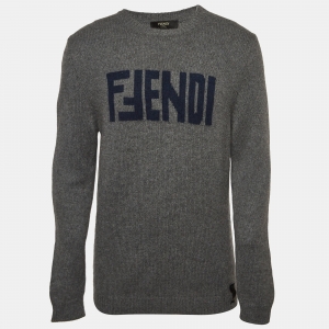 Fendi Grey Logo Intarsia Cashmere Knit Sweater M