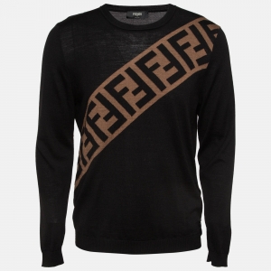 Fendi Black Zucca Intarsia Fleece Wool Sweater L
