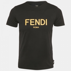 Pre Owned Fendi Black Leather Logo Applique Jersey Crew Neck T-Shirt S