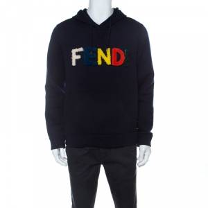 Fendi Navy Blue Wool Shearling Velcro Logo Hoodie L