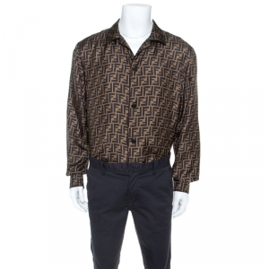 Fendi Brown FF Logo Printed Silk Long Sleeve Shirt XXL