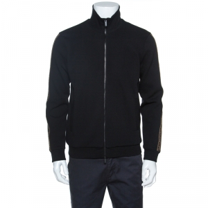 Fendi Black Knit Sleeve Logo Tape Detail Zip Front Jacket M