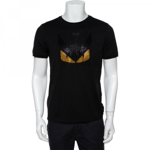 Fendi Black Cotton Bag Bugs Crystal Embellished T-Shirt M