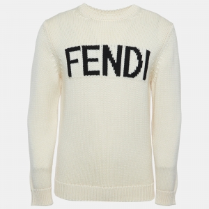 Fendi Cream Logo Jacquard Wool Knit Pullover M