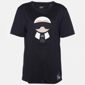 Fendi Black Karl Appliqued Cotton Crew Neck T-Shirt XL