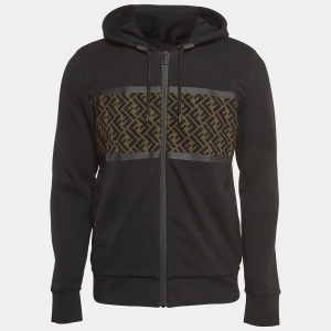 Fendi Black Knit and FF Mesh Paneled Zip Up Hoodie S