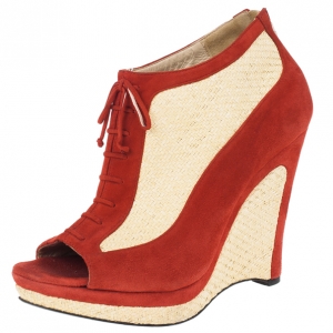 Pre Owned Fendi Red Suede Lace Up Peep Toe Wedge Booties Size 39
