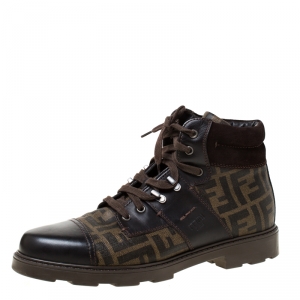 Fendi Brown Zucca Coated Canvas and Leather Mario Hiking Boots Size 43